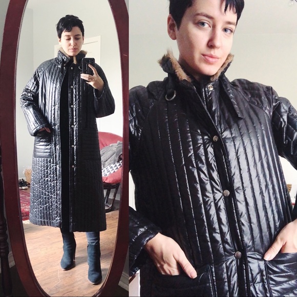 SOLD vintage • 80s Furrrina quilted long coat black brown faux fur puffer maxi